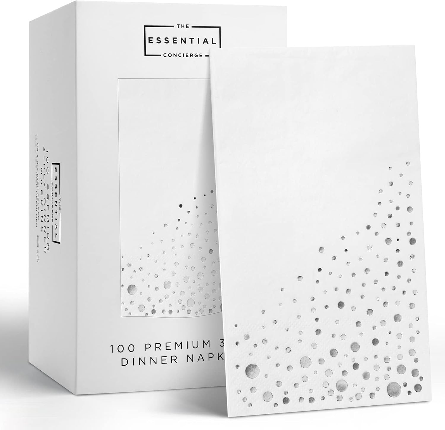 Stylish White and Silver Napkins, 100 Silver Dinner Napkins, Disposable Napkins for Party, Napkins, 7.5x 4.25 Inch Disposable Dinner Napkins, Wedding Napkins for Reception, 3Ply Fancy Paper Napkins