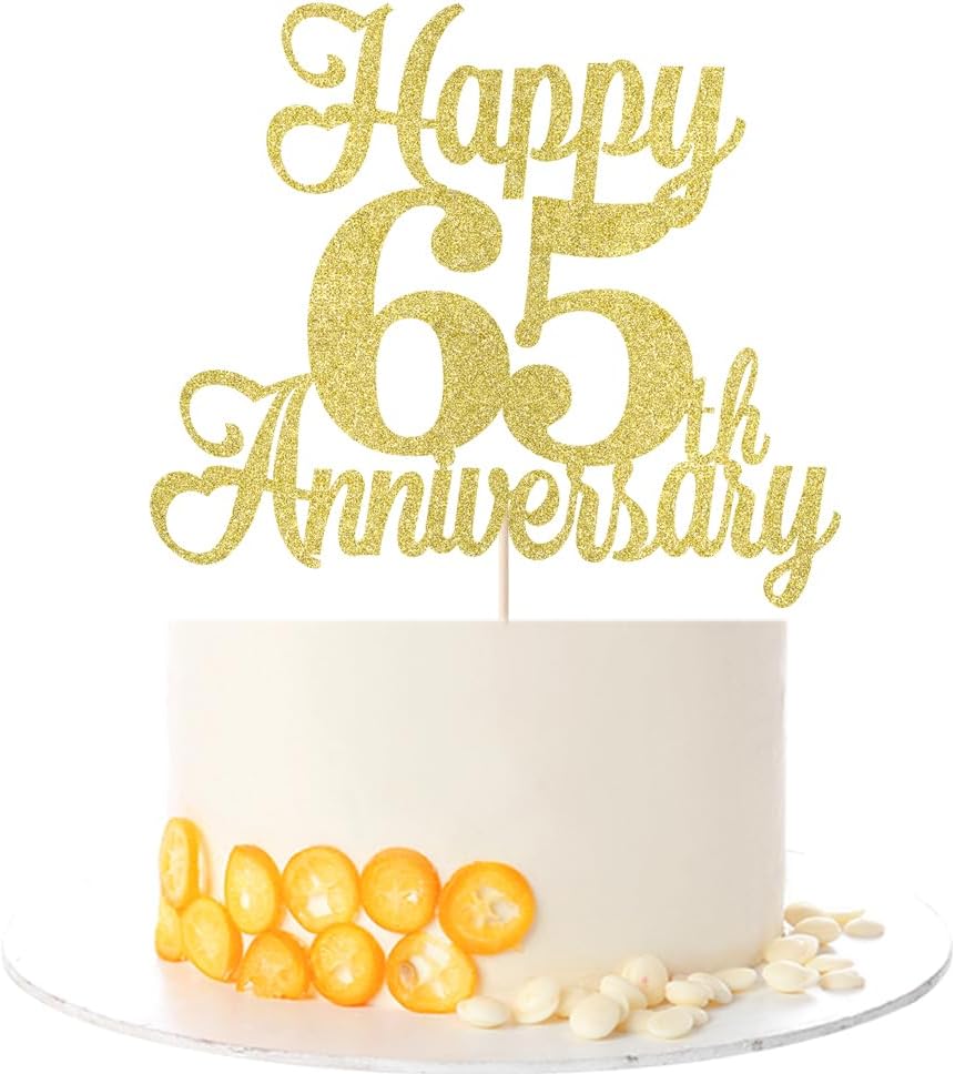Kaoenla Happy 65th Anniversary Cake Topper - Gold Glitter Decorations for Wedding & Birthday Parties