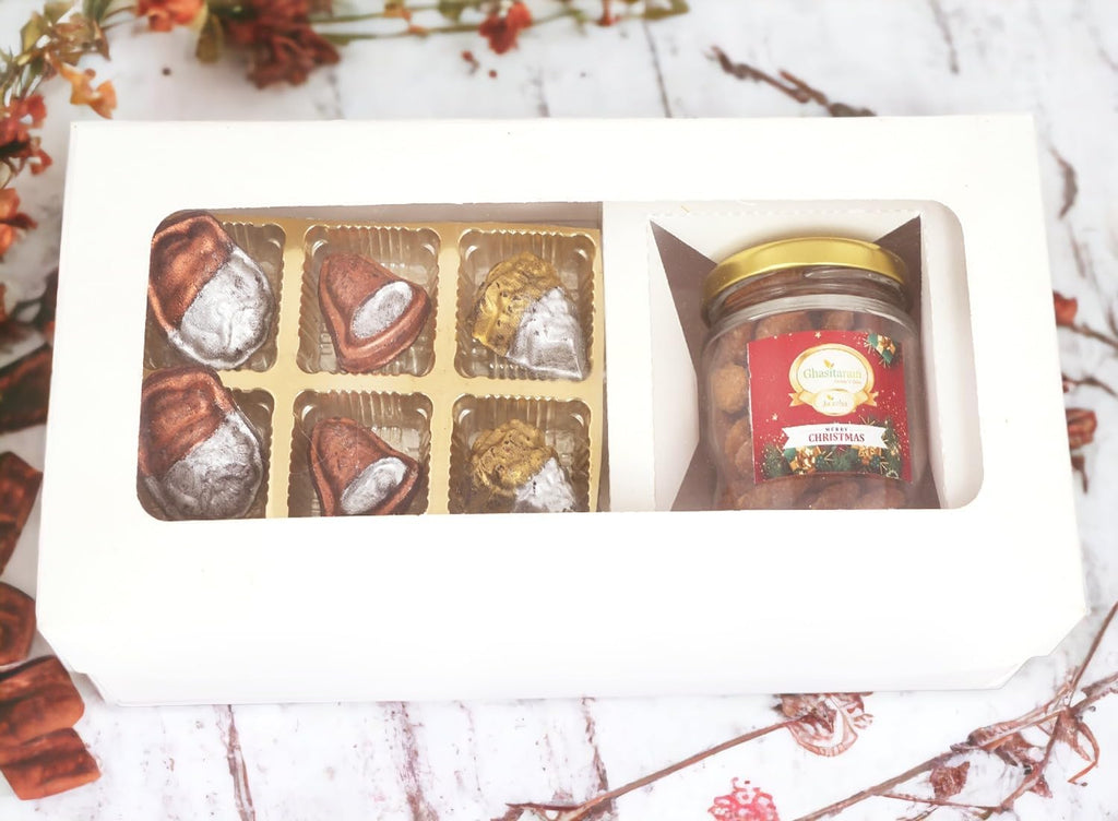Ghasitaram Gifts Jaiccha Christmas Gifts White Christmas Hamper Box Small with Sheen Chocolates and Caramel Almond Jar