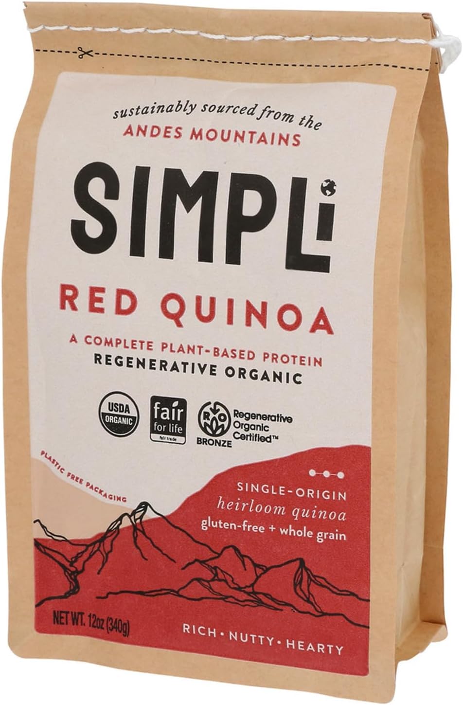 SIMPLi Regenerative Organic Certified Red Quinoa, Organic Quinoa Ancient Grain, Naturally Gluten-Free and High in Fiber, Complete Plant Protein with Rich Nutty Flavor, 12 OZ