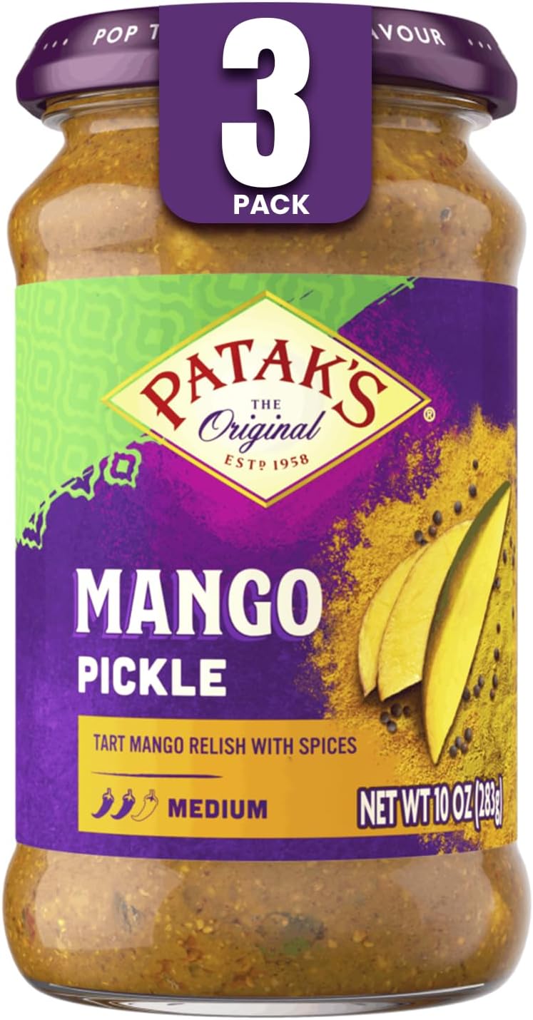 Patak’s Medium Mango Pickle - Authentic Indian Relish with Mango Chunks & Aromatic Spices - Perfect with Naan, Pappadum, Sandwiches & Salads - Vegan Spicy Pickle - 10oz Jar (Pack of 3)