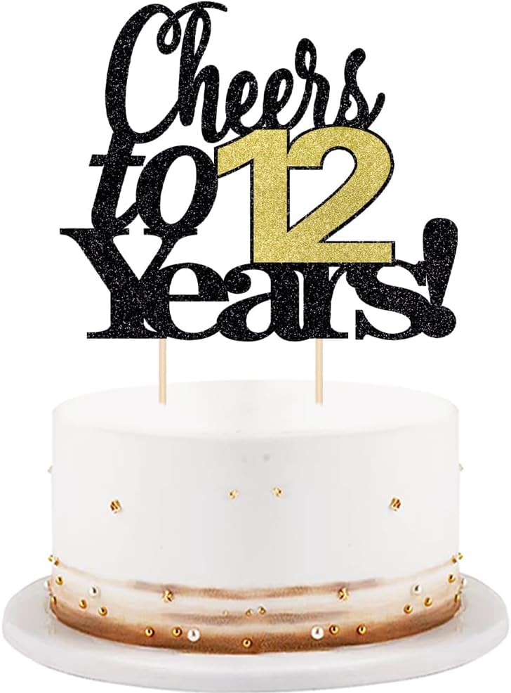 LVEUD Black Font Golden Numbers Cheers to 12 Years Happy Birthday Cake Topper -Wedding,Anniversary,Birthday Party Decorations (12th)
