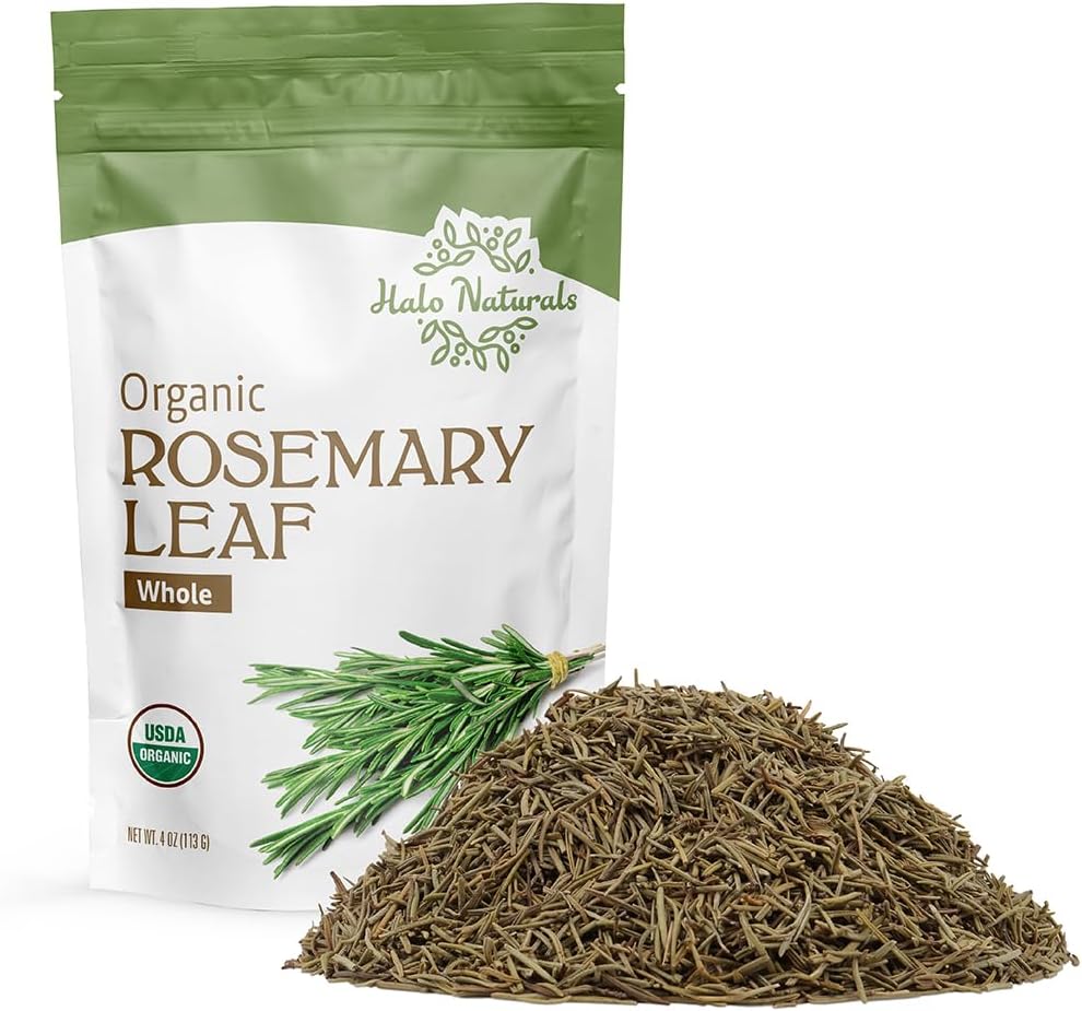 Halo Naturals Organic Rosemary Leaf Whole, 4 Ounces (Rosmarinus officinalis) USDA Certified | Resealable Pouch| Packaged in The USA