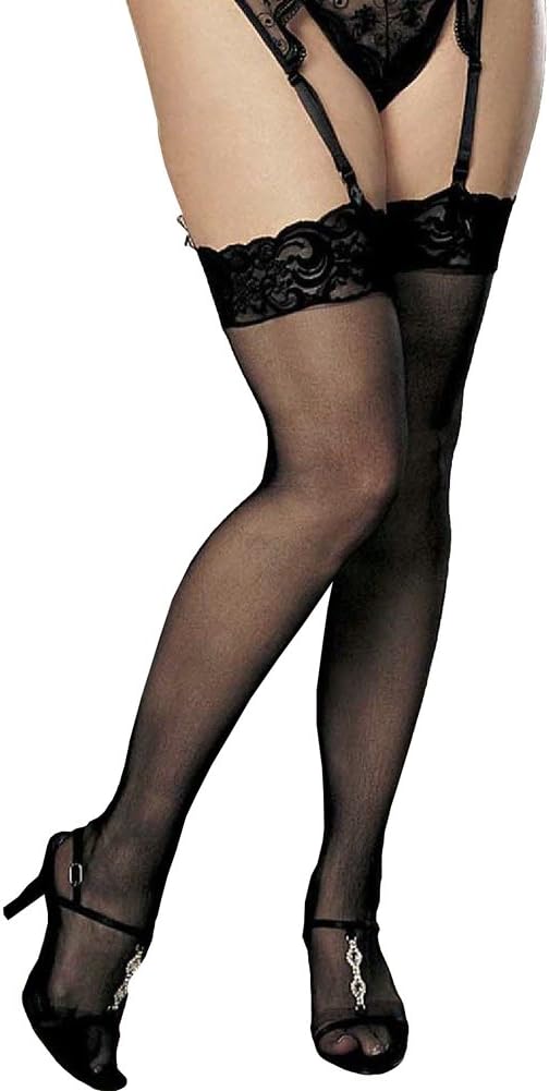 X90026 Lace Top Stocking, Black, Plus Size