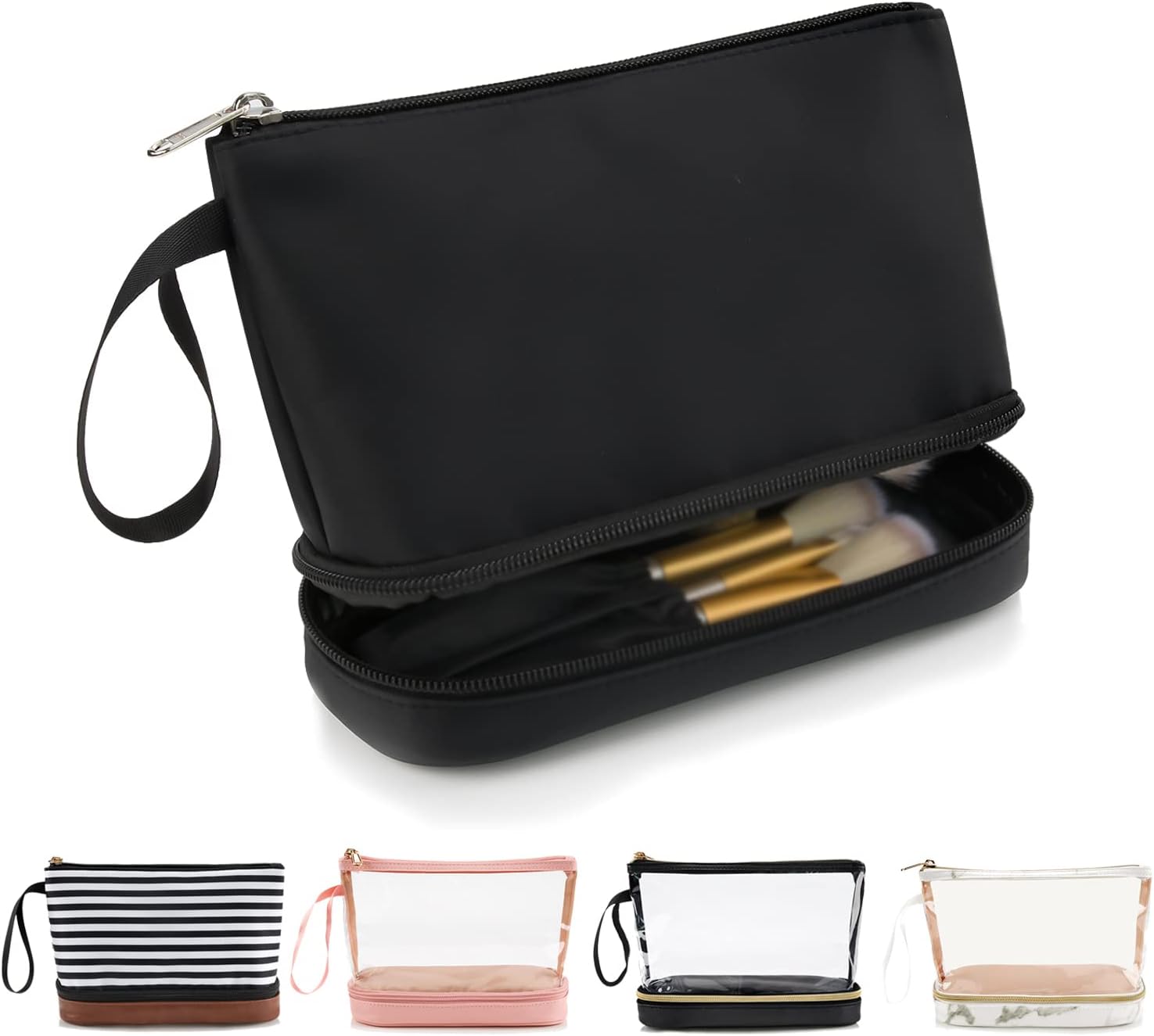 Ethereal Small Makeup Bag, 2 Layers Travel Makeup Bag with Makeup Brush Holder, Cosmetic Bag Black Make up Pouch for Women/Girls