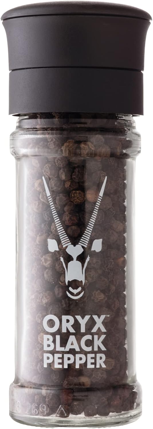 Oryx Black Pepper Grinder - 1.26oz - Manual Refillable Grinder with Premium Whole Black Peppercorns from Madagascar - Perfect for Home Cooking & Gourmet Meals - refillable reusable +20x grinder head