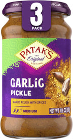 Patak’s Garlic Pickle - Authentic Indian Relish w/Garlic Cloves, Raisins & Aromatic Spices - Perfect for Sandwiches, Curries & Cold Meats - Vegan Medium Heat Spicy Pickle - 10.6oz Jar (Pack of 3)