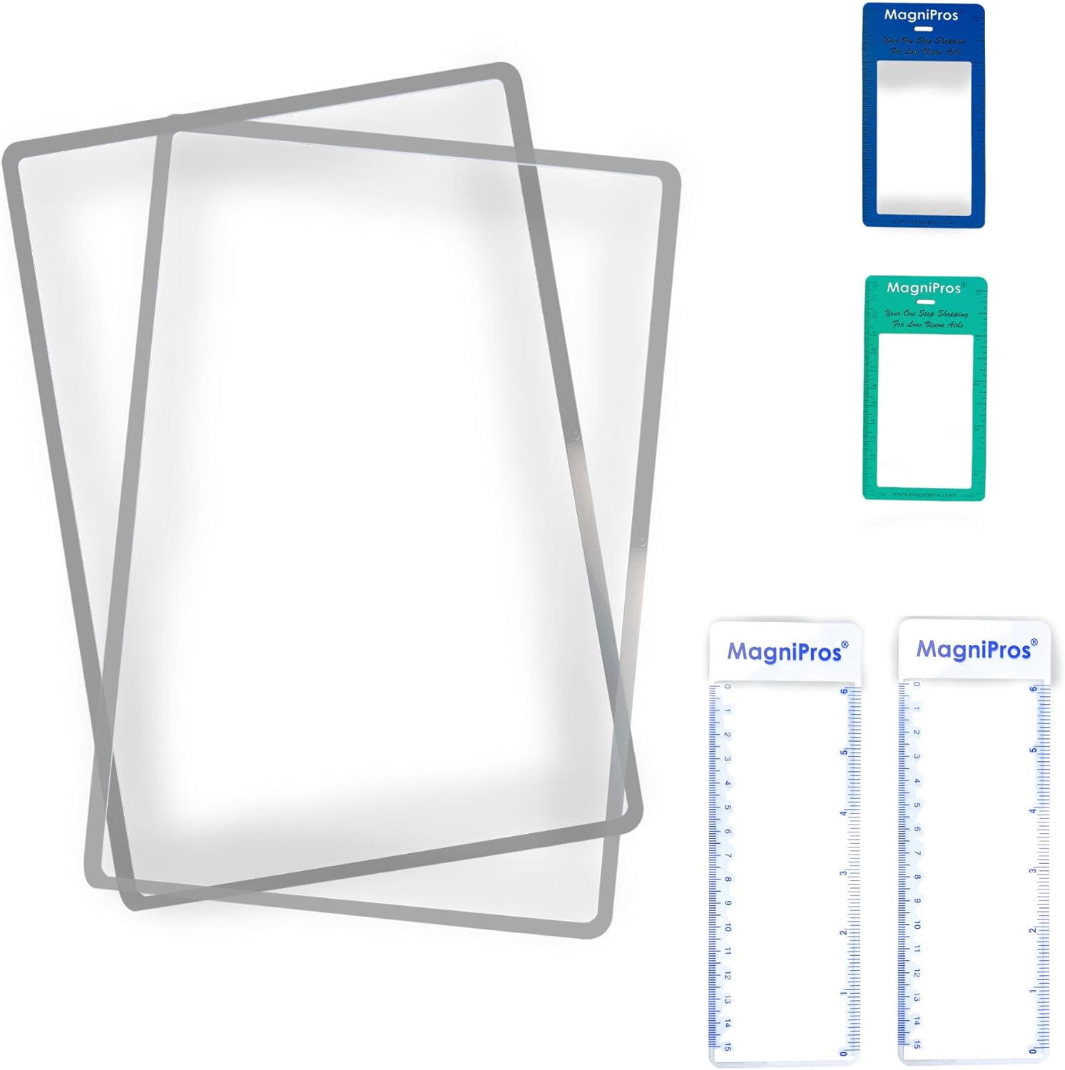 MagniPros (2PACK) Large Full Page 3X Premium Magnifying Sheet Fresnel Lens 7.5" x 10.5" with 2 Ruler Magnifiers +2 Bookmark Fresnel Lens Magnifiers for Reading Small Print & Low Vision Seniors