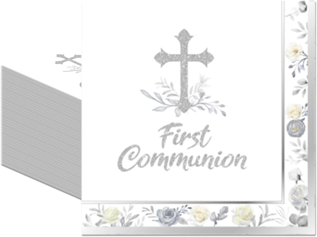 50Pcs First Communion Napkins - Silver Cross First Holy Communion Napkins, Religious Disposable Paper Towels for Christening Table Decor