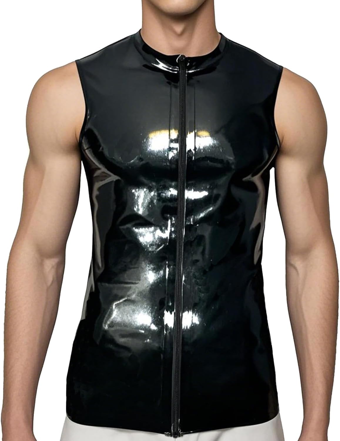 Latex Rubber T-Shirt Tank Crew Neck Front Zip for Men,Latex Top Handmade Theme Club Cosplay Costumes