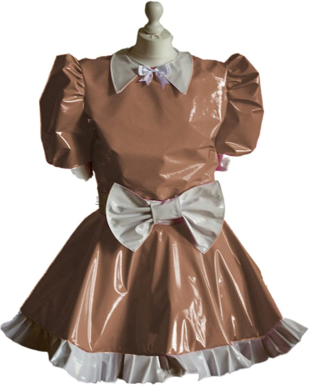 Maid Cosplay Sleeve Mini Dress Ladies Cute White Bowknot Decor Uniform PVC Patchwork A-line Pleated Dress,Light Brown,S
