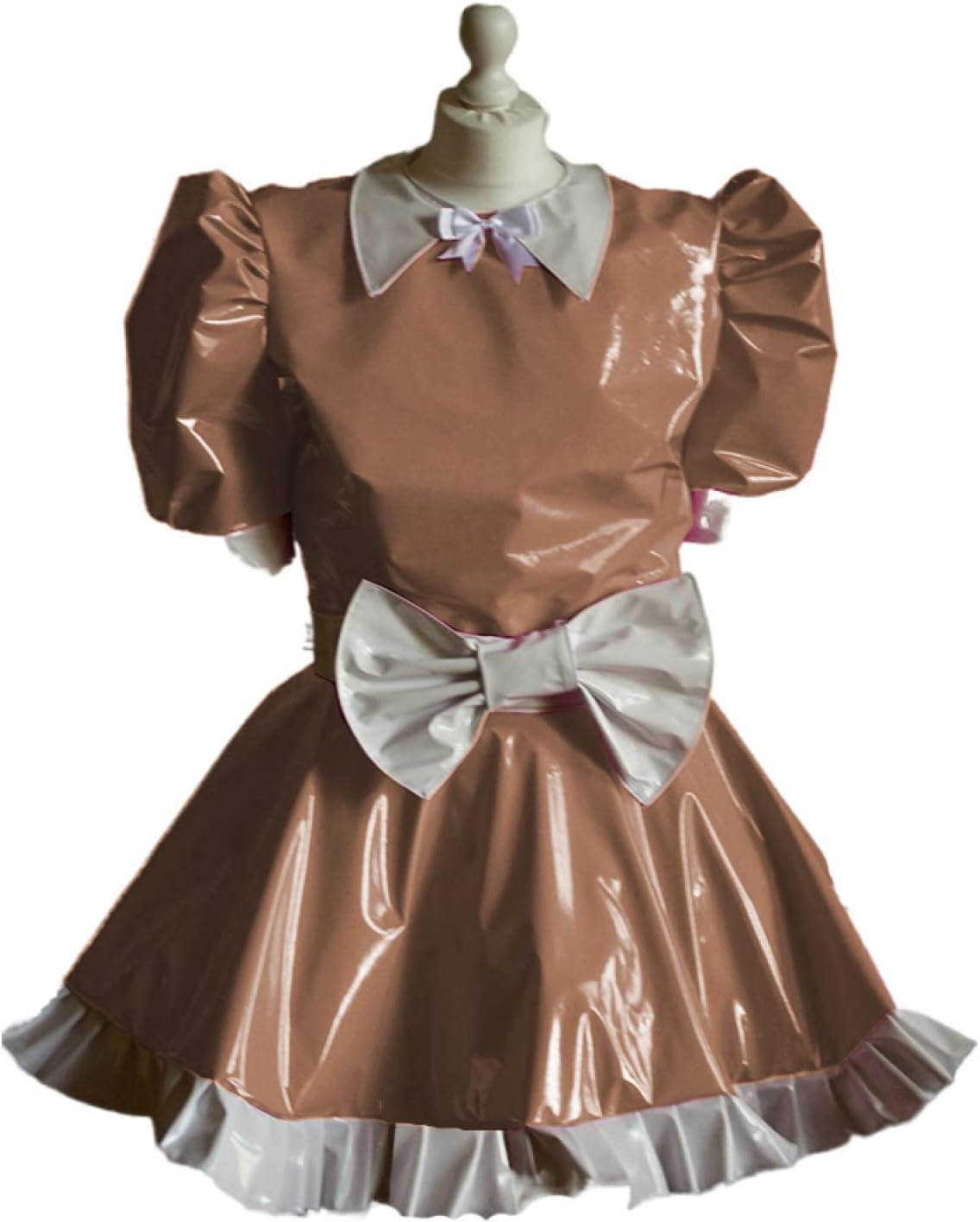 Maid Cosplay Sleeve Mini Dress Ladies Cute White Bowknot Decor Uniform PVC Patchwork A-line Pleated Dress,Light Brown,S