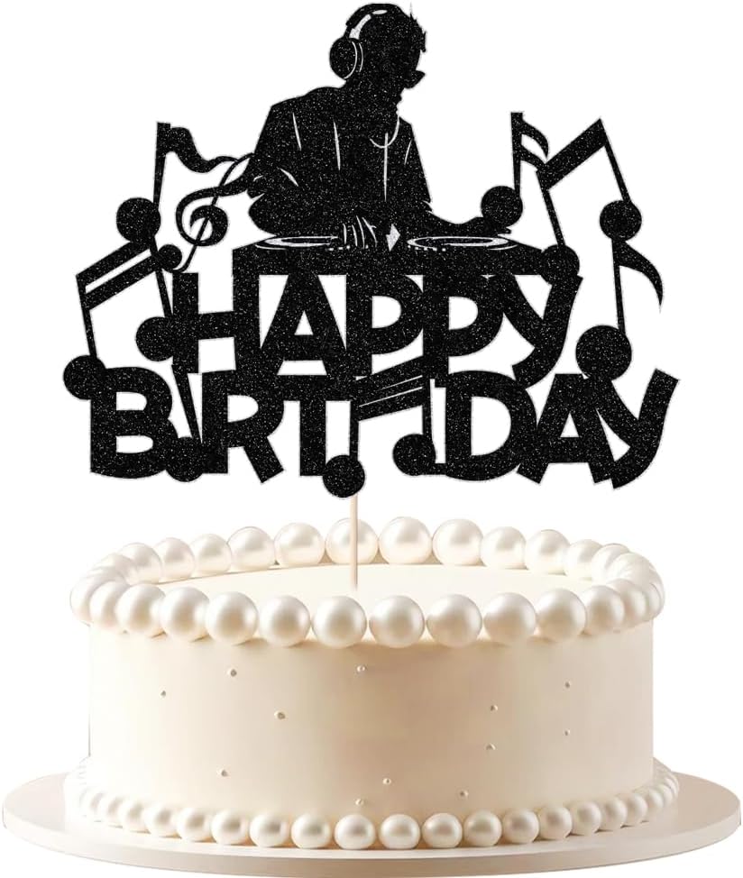 Dj Disco Happy Birthday Cake Topper Black Glitter Music Rock Disco Hip Hop Cake Decoration Carnival party Unisex adult Theme Birthday Party Supplies