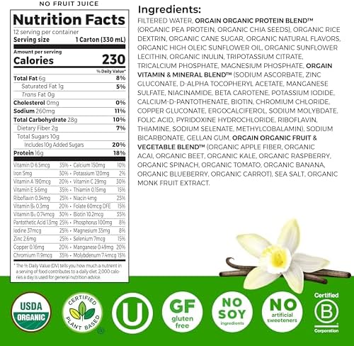Orgain Organic Nutritional Vegan Protein Shake, Vanilla Bean - 16g Plant Based Protein, Meal Replacement, 21 Vitamins & Minerals, Fruits & Vegetables, Gluten Free, Non-GMO, 11 Fl Oz (Pack of 12)