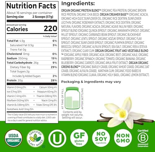 Orgain Organic Vegan Meal Replacement Protein Powder, Vanilla Bean - 20g Plant Based Protein, Gluten Free, Dairy Free, Lactose Free, Soy Free, No Sugar Added, For Smoothies & Shakes - 2.03lb