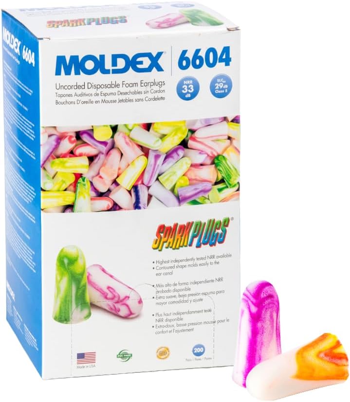 Moldex SparkPlugs Foam Earplugs – Soft, Comfortable, Uncorded, Disposable Ear Plugs, NRR 33dB Noise Reduction for Hearing Protection, Made in USA, 200 Pairs, 6604