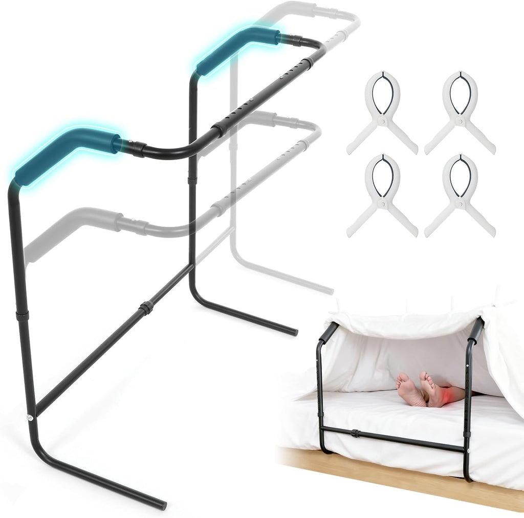 Blanket Lifter for Feet Under Mattress–Height Width Adjustable Bed Cradle Sheet Support, Extra-wide Foot Tent Keep Blankets Off Feet for Post Surgery Recovery Neuropathy Arthritis, 4 Clips Included