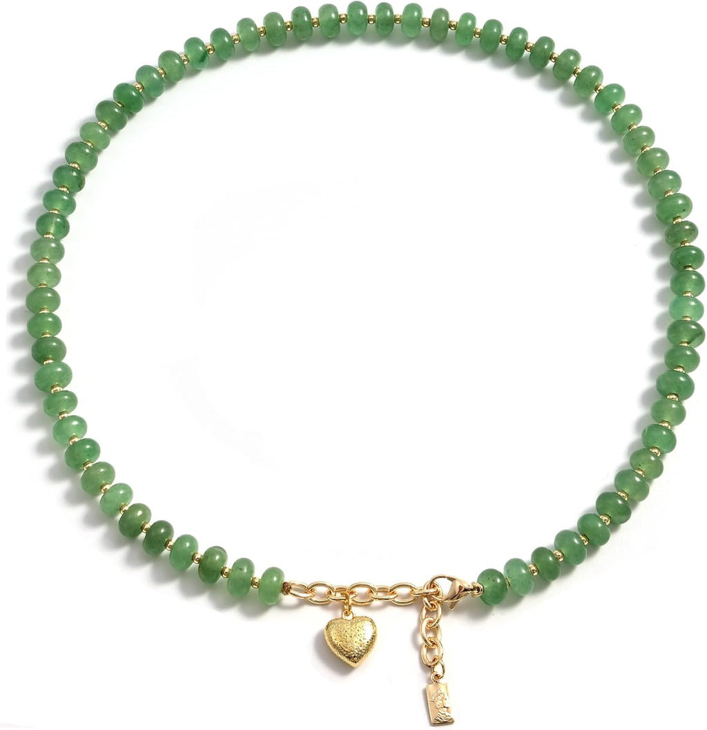 Boho Gemstone Beaded Necklace for Women – Colorful Natural Stone Choker 18K Solid Heart-Shaped Pendant, Summer Beach Jewelry