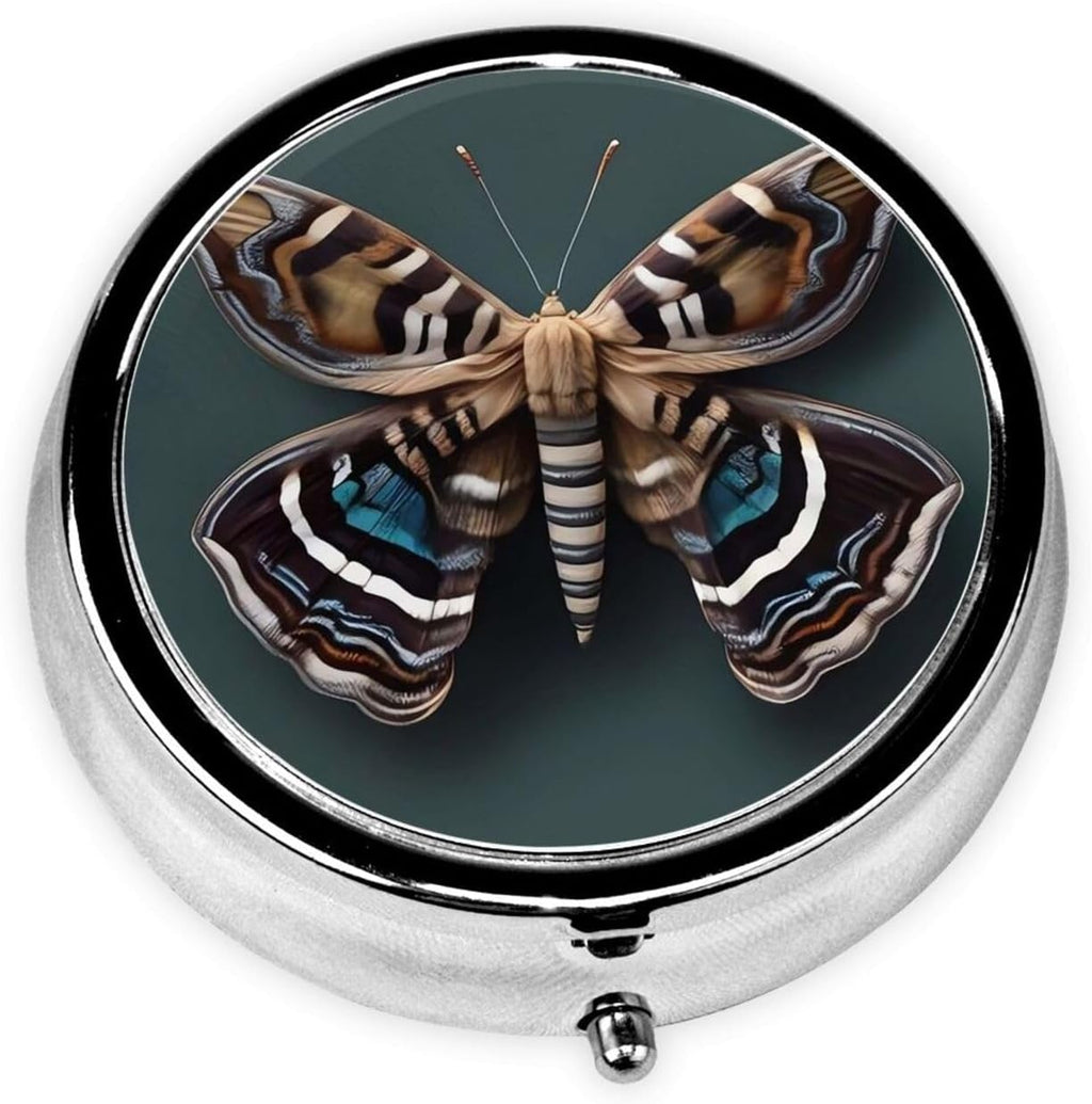 Portable 3-Compartment Pill Box – Round Daily Medicine Organizer for Pocket or Purse, Beautiful Moth Ideal for Morning, Noon & Evening Doses