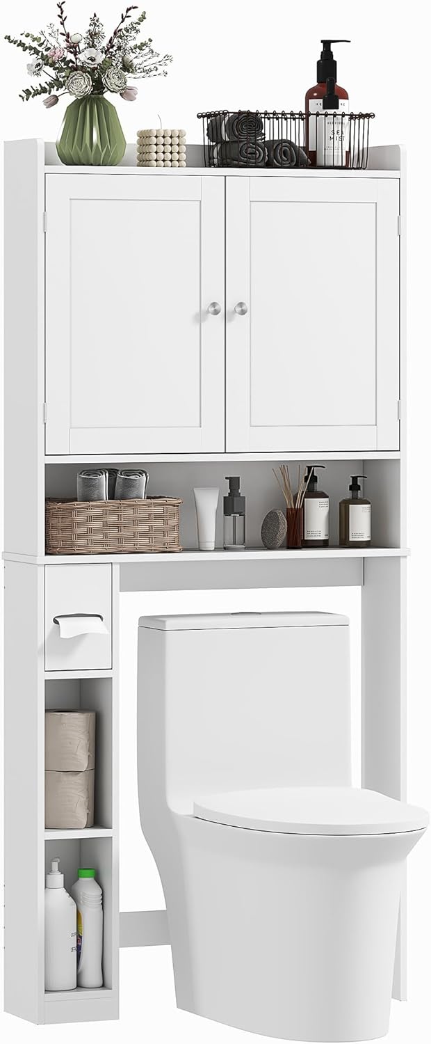 HOMCOM Over the Toilet Storage Cabinet, Modern Above Toilet Bathroom Organizer with 2 Doors, Storage Shelves, Toilet Paper Holder, Freestanding Space Saver for Bathroom, Laundry, White