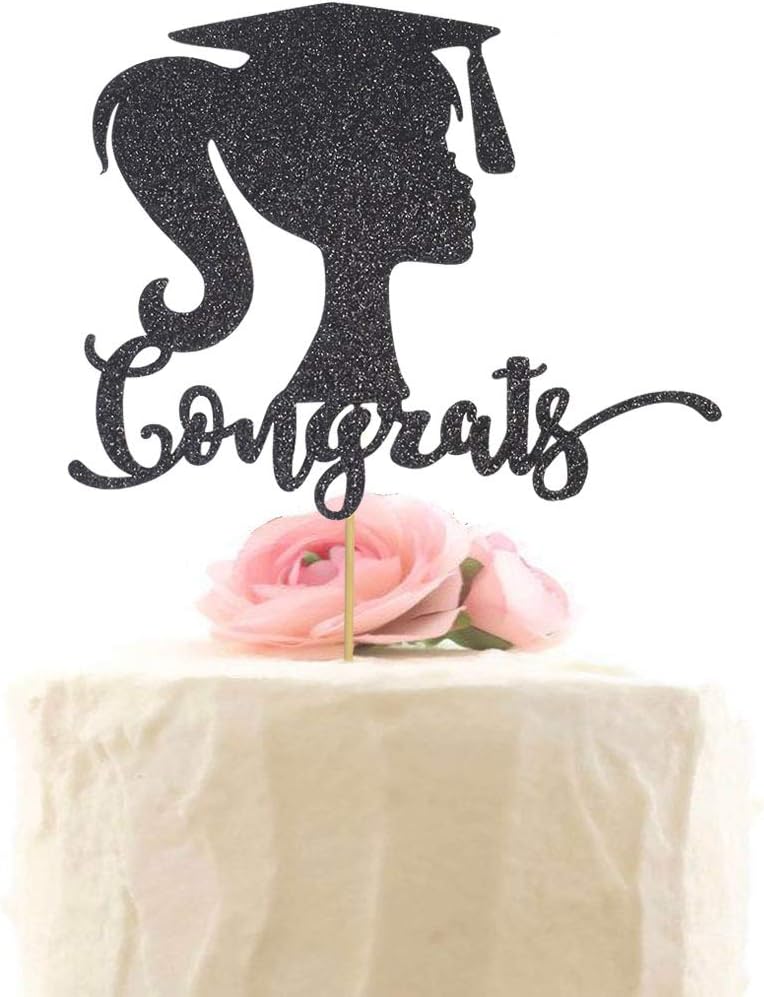 Graduation Cake Topper Congrats Girl Woman Silhouette Cap, Congrats Grad Party Decorations, Black
