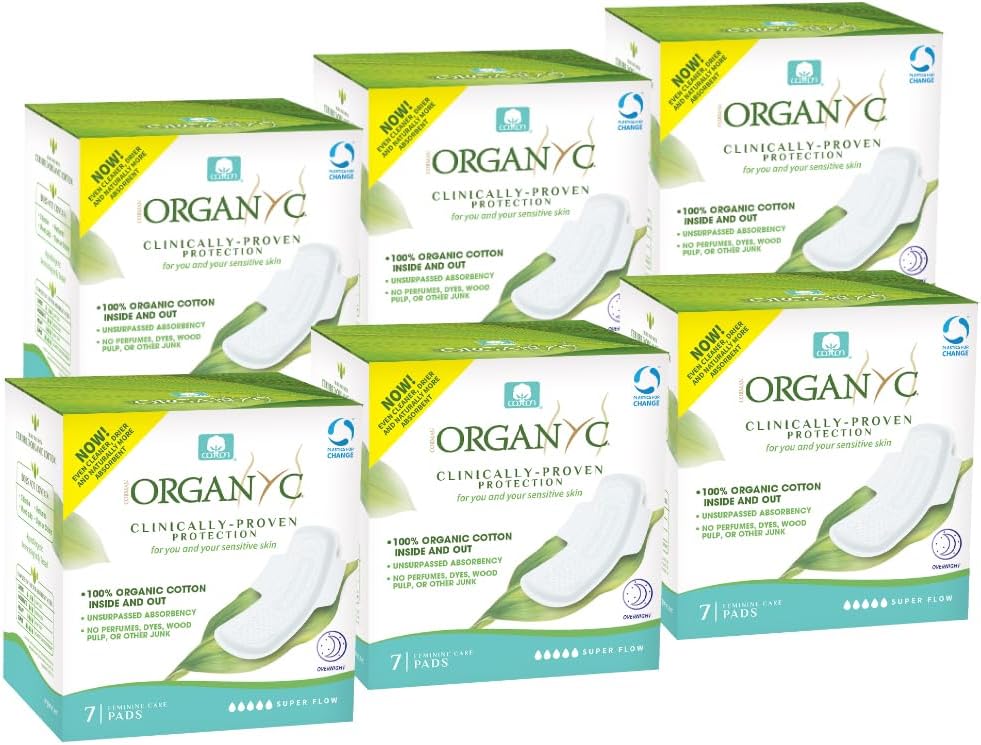 Organyc New Version 100% Certified Organic Cotton Inside and Out Overnight Feminine Pads, Heaviest Flow, Super Absorbency 2.0, 7 Count (6 Pack)