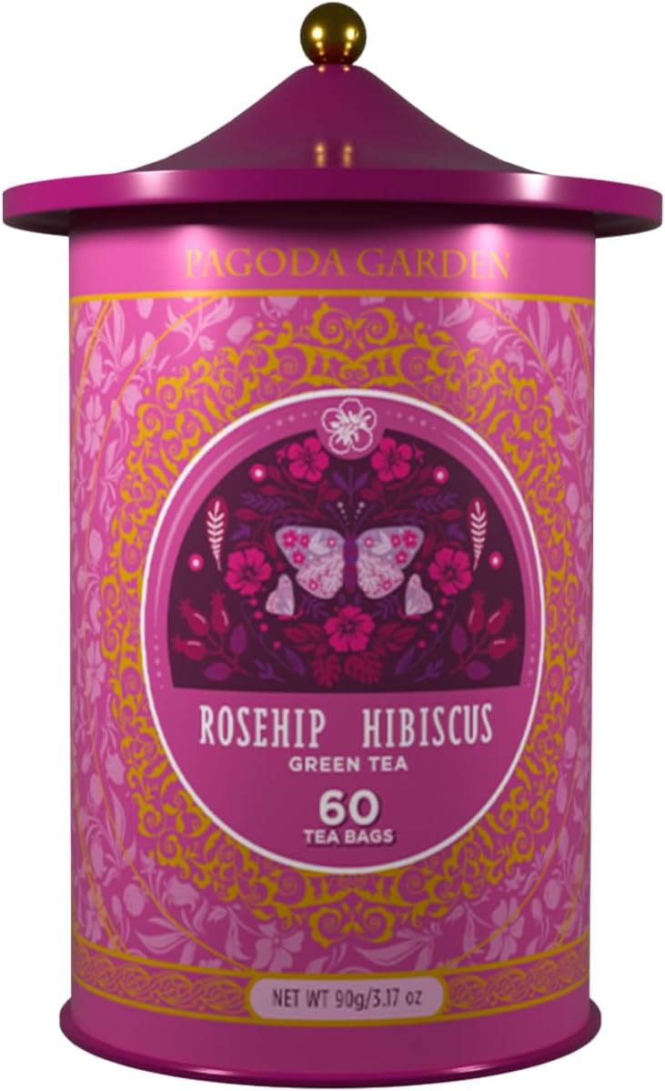 Life Plus Style Gourmet Pagoda Garden Rosehip Hibiscus Green Tea Herbal Tea Caffeinated Hot or Iced Natural Ceylon 60 Tea Bags