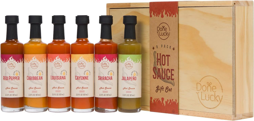 Hot Sauce Gift Set (6 Pack) - Hot Sauce Variety Pack in Premium Wooden Box - Great Gift for Birthday, Christmas, Father's Day for Men, Him, Her, Dad, Mom - Unique Gift Set (Set of 6)