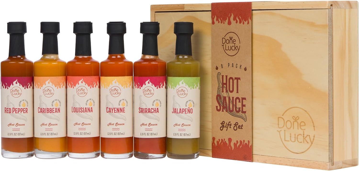Hot Sauce Gift Set (6 Pack) - Hot Sauce Variety Pack in Premium Wooden Box - Great Gift for Birthday, Christmas, Father's Day for Men, Him, Her, Dad, Mom - Unique Gift Set (Set of 6)
