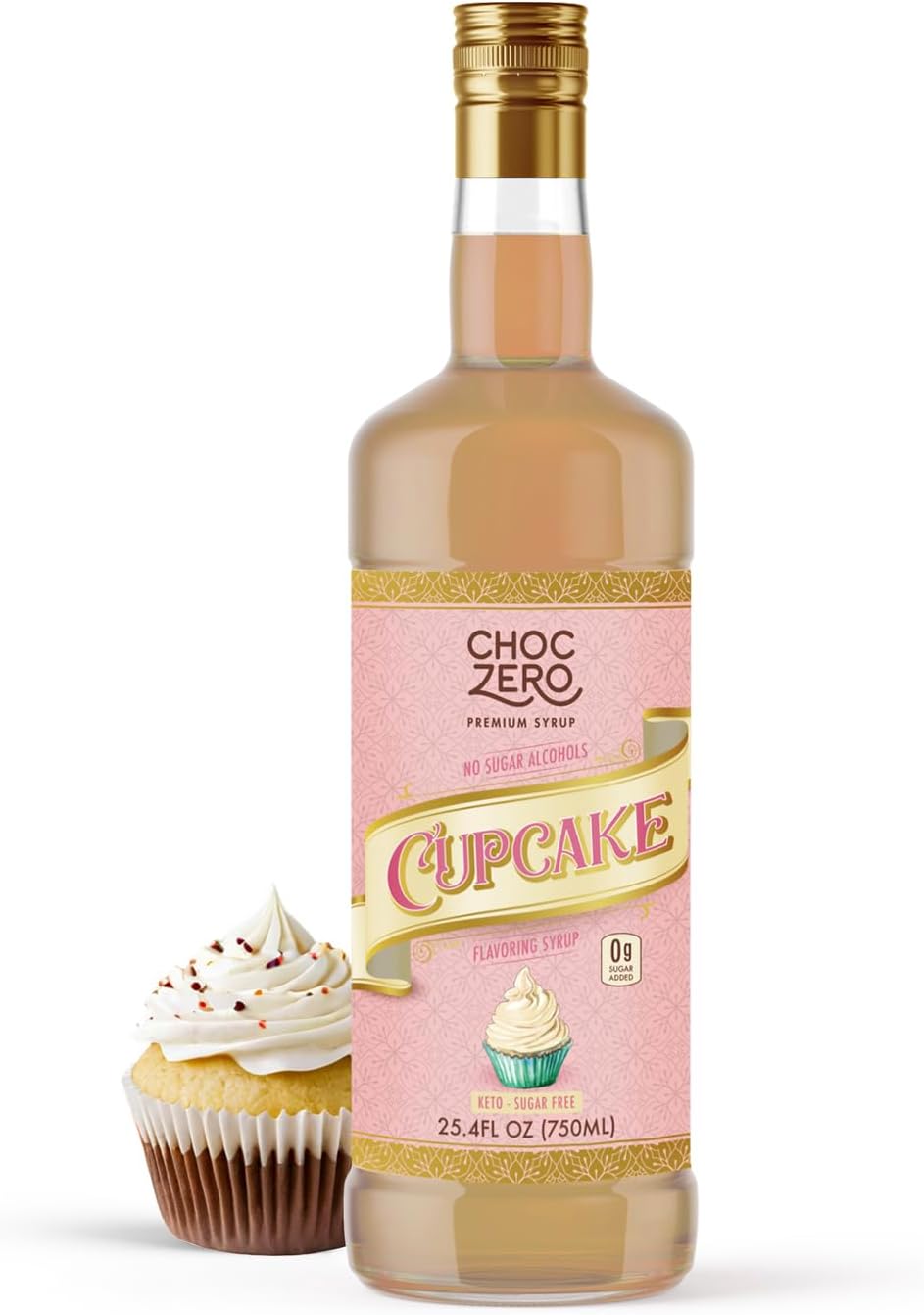 ChocZero Sugar Free Coffee Syrup, Cupcake Flavor, No Sucralose Simple Syrup Drink Mix, Birthday Cake Frappe, Protein Shakes & Baking, All Natural, 25.4 Ounces (Pack of 1)