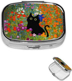 Metal 2 Compartment Square Pill Organizer Sealed Travel Pill Container, Mini Size Pill Box for Pocket Wallets Two Times a Day Compact Pill Case for Children, Men and Woman - Cute Flower Cat