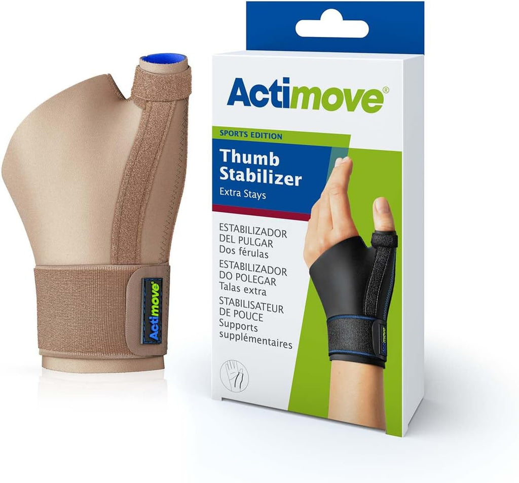 Actimove Sports Edition Thumb Stabilizer Wrist Brace, Extra Stays | Thumb Splint for Trigger Finger, Arthritis Pain, Sprain & Carpal Tunnel Support, Beige, Small/Medium