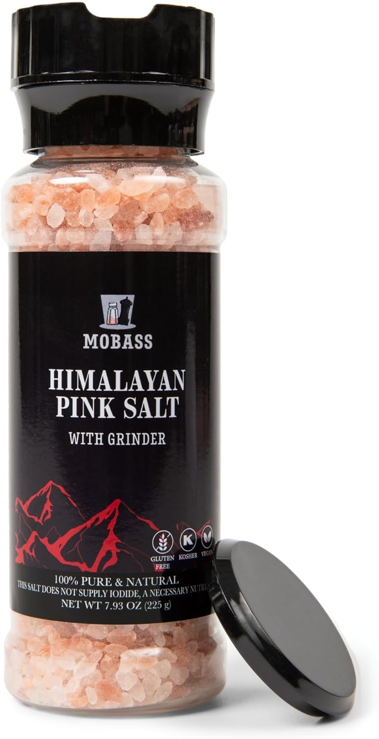 Mobass Himalayan Pink Salt Grinder 8 Oz | Premium Natural Rock Salt, Unrefined & Non-GMO | Refillable Bottle | Rich in 84+ Trace Minerals | Perfect for Dining Tables and Everyday Cooking