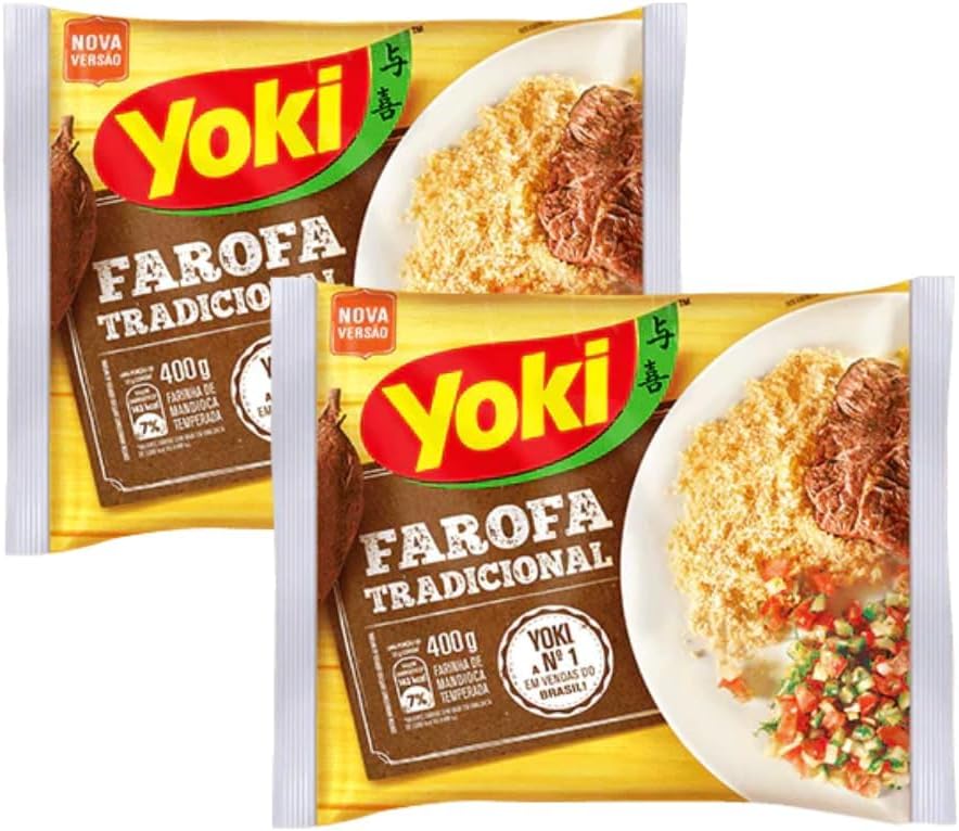 Yoki Seasoned Cassava Flour Brazilian Corner Bundle [2 Pack] 17.6 oz | Farofa De Mandioca Pronta Temperada Yoki 500g (Pack of 2) | Gluten Free