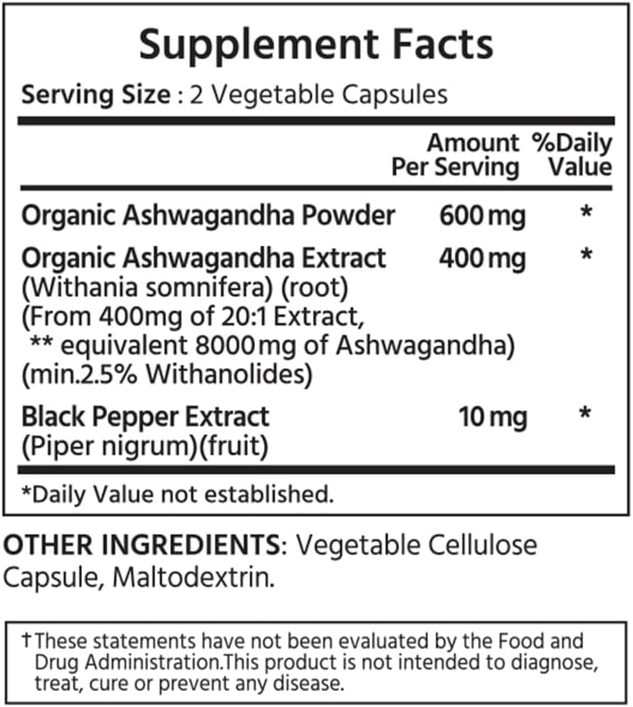 ML Naturals Organic Ashwagandha – 1,000mg (Per Serving) – 120 Vegetable Capsules – with Organic Extract & Black Pepper - Non-GMO, Gluten Free - Supports Stress Relief