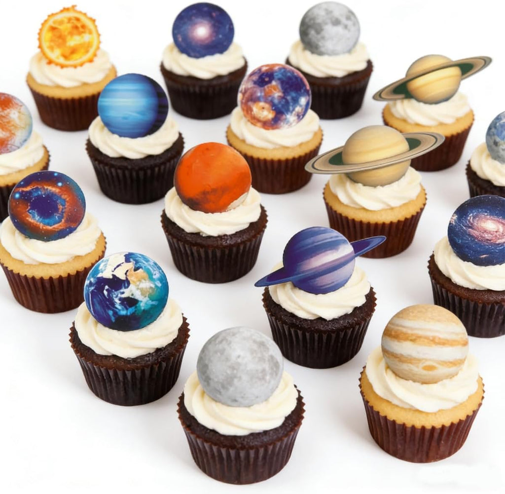 Outer Space Cupcake Toppers Wafer Edible Ppaer Planet Moon Star Cupcake Solar System Galaxy Universe Planets Birthday Cupcake Decorations Party Supplies 20*2"