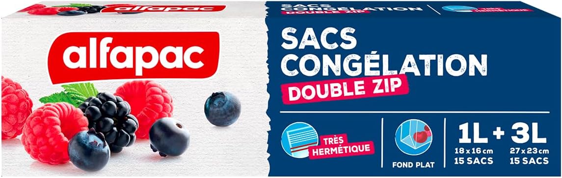 alfapac - Unisex Double Zip Freezer Bags - Airtight & Reusable - Made in France - Certified Origin France Guarantee - Protectors & Preservatives - 15 x 1L & 15 x 3L