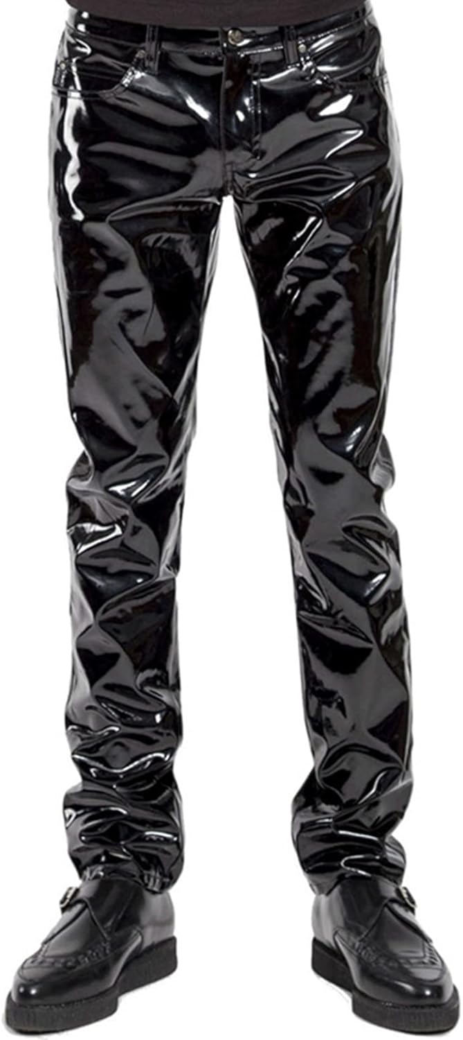 Men`s Patent Leather Pants Punk Style Skinny Tight Straight Pants Night Club Trousers