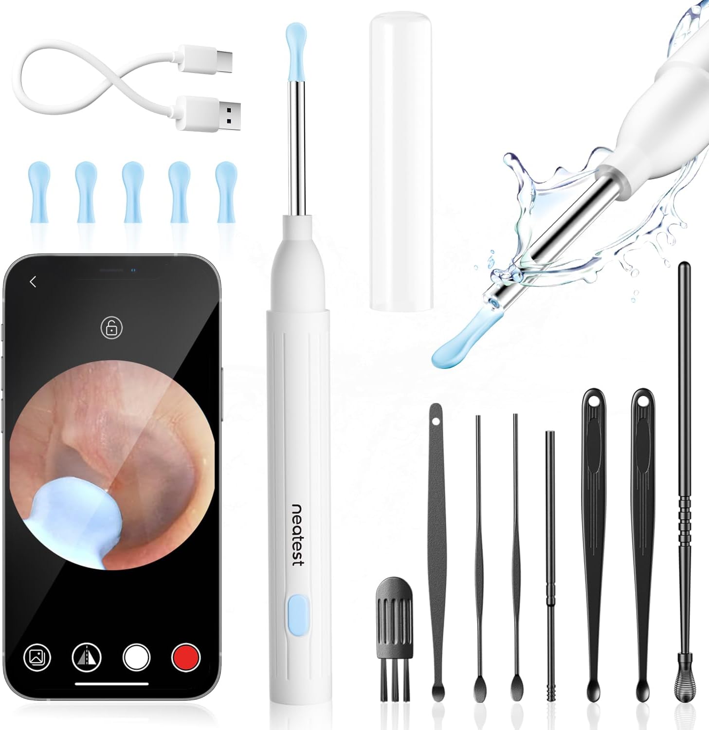 Ear Wax Removal- Earwax Remover Tool with 1296P HD Camera, Ear Canal Cleaner with 6 LED Lights 8 Different Rechargeable Ear Cleaning Kit, Smart Ear Camera for iOS & Android (White)