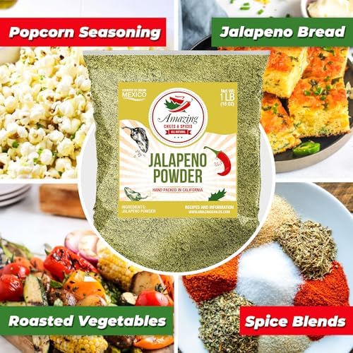 Jalapeno Powder Seasoning 1LB (16oz) – Natural and Premium. Great For Chili, Salsa, Spice Blends, Stews, Tacos, Corn Bread. Medium to High Heat - fruity, spicy hot flavor. By Amazing Chiles & Spices.