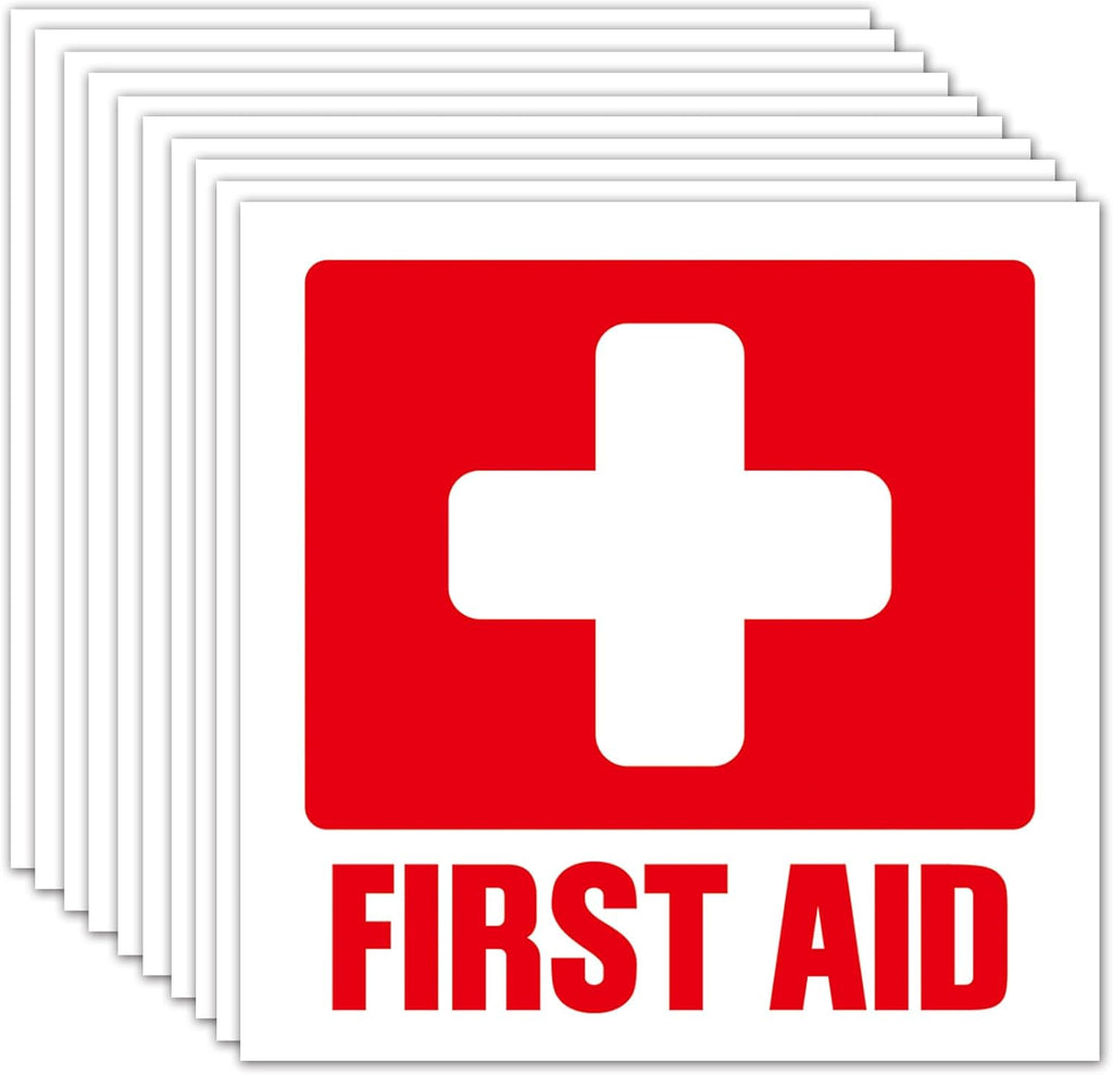 First Aid Kit Sign Sticker, 10 Pack Self Adhesive First Aid Decal Emergency for Medical Cross Emergency Box Hospital Ambulance, 5 x 5 Inches Vinyl Waterproof.