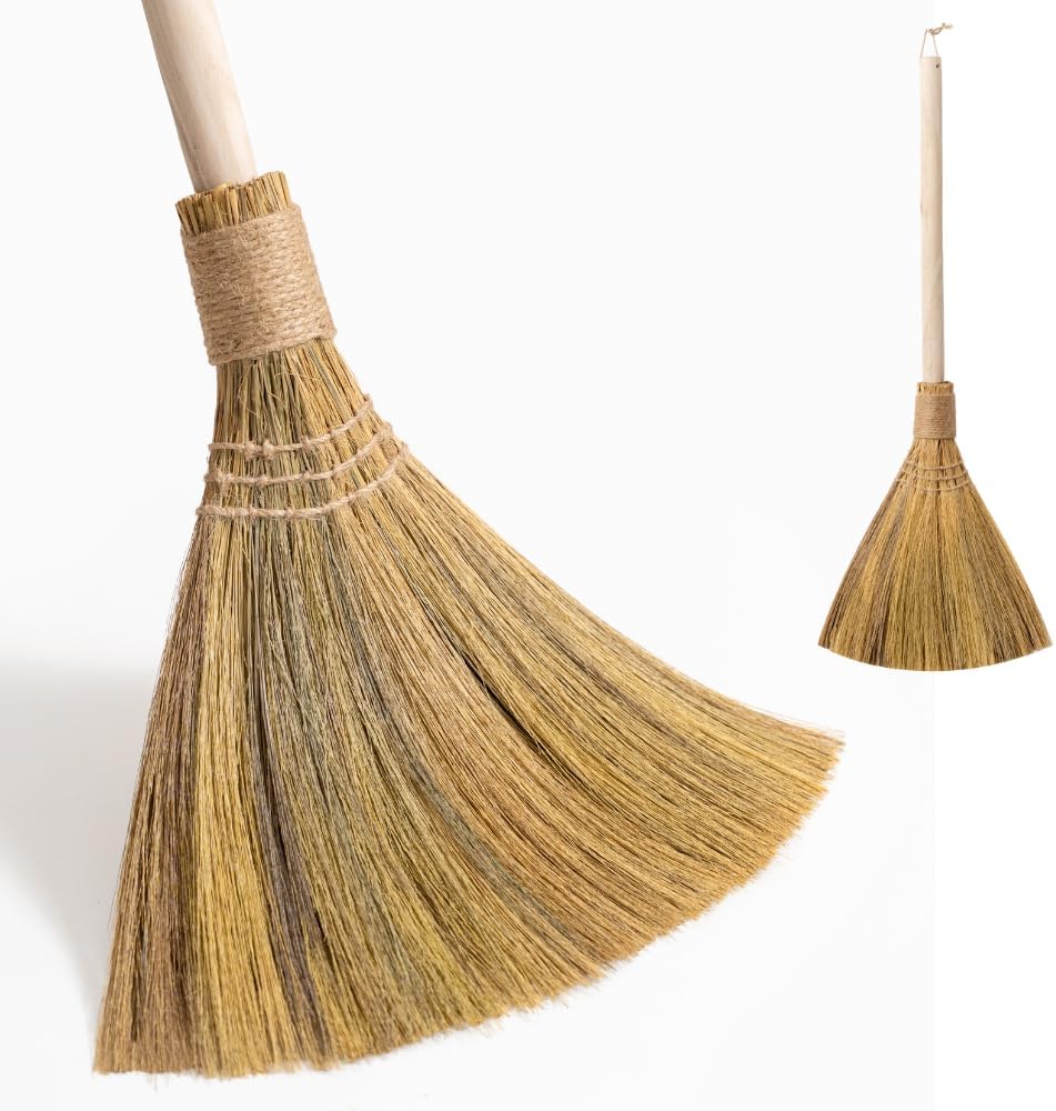 Natural Whisk Sweeping Hand Handle Broom - Brooms for Wedding Jumping Ceremony Halloween DIY Decoration - Vietnamese Straw Soft Broom - 12.2" Width, 28.35" Length