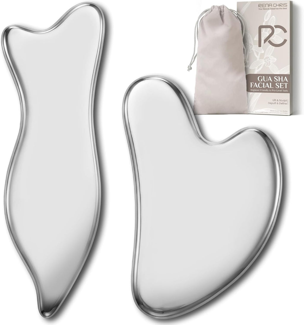 Rena Chris Stainless Steel Gua Sha Set, Guasha Tool for Face and Body Massage, Gua Sha and Acupuncture Massage Tools for Jawline Sculpting, Eye Puffiness & Muscle Relief (2 Pack)