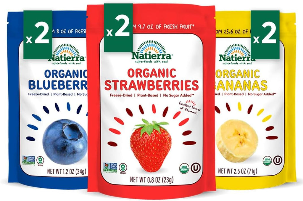 NATIERRA Organic Freeze-Dried Blueberry, Banana & Strawberry | USDA Organic, Non-GMO & Vegan | Variety Pack (of 6)