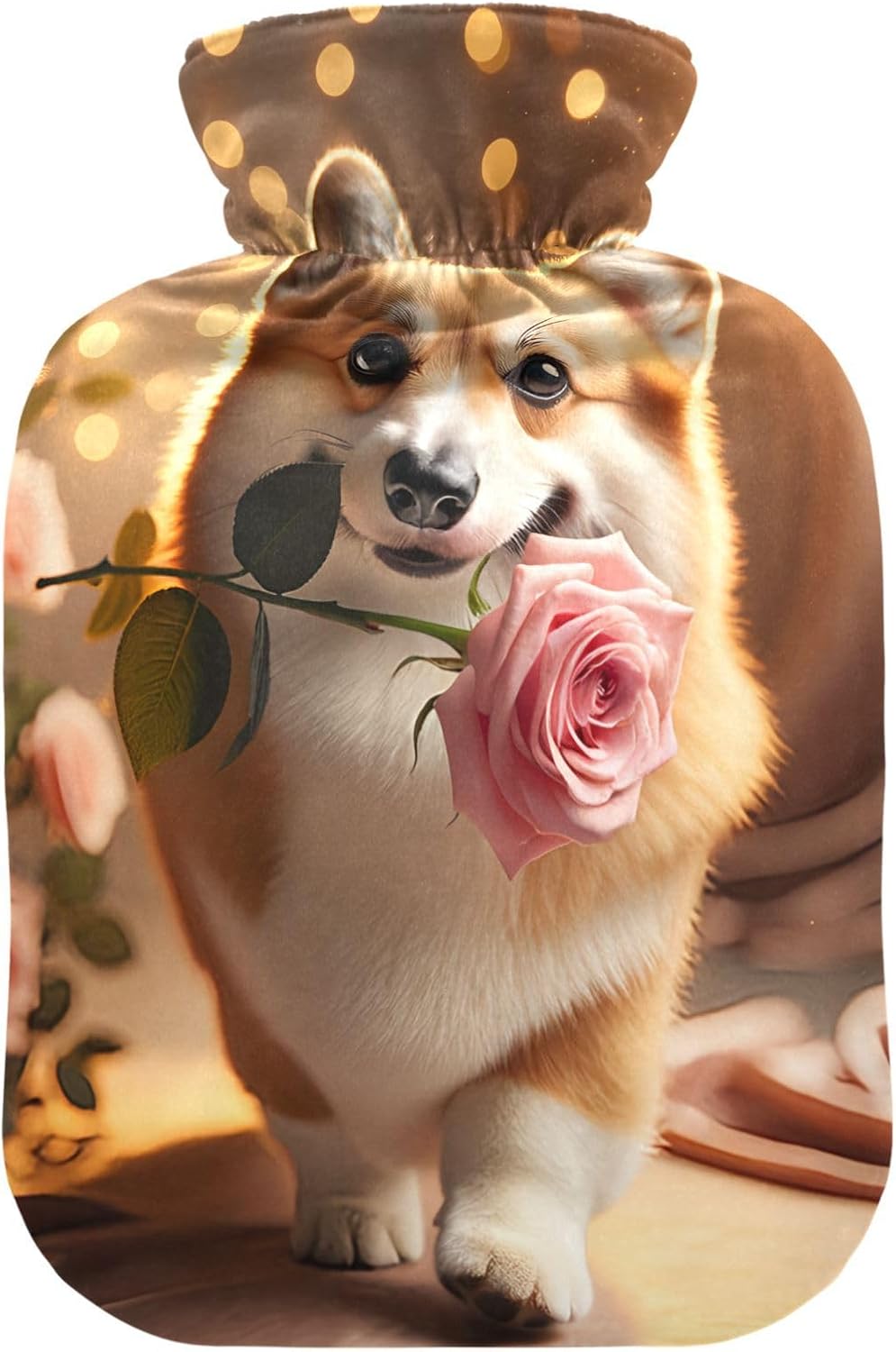 Dog with Roses Gold Hot Water Bottle with Soft Velvet Cover Hot Water Bag for Neck, Shoulder and Menstrual Cramps, 2 Liters