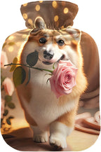 Dog with Roses Gold Hot Water Bottle with Soft Velvet Cover Hot Water Bag for Neck, Shoulder and Menstrual Cramps, 2 Liters