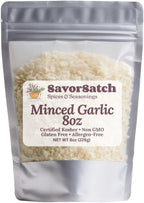 SavorSatch Minced Garlic – 8 oz Resealable Pouch | Dried Garlic Flakes | Certified Kosher | Bulk Dehydrated Garlic for Cooking, Sauces, Soups, Marinades & Seasoning Blends