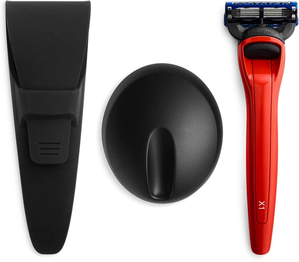 Bolin Webb Handle with Razor Stand and Waterproof Travel Case in Red. Fitted with Gillette Fusion5 Blade Cartridge. Made in England. Style is X1 (RED)