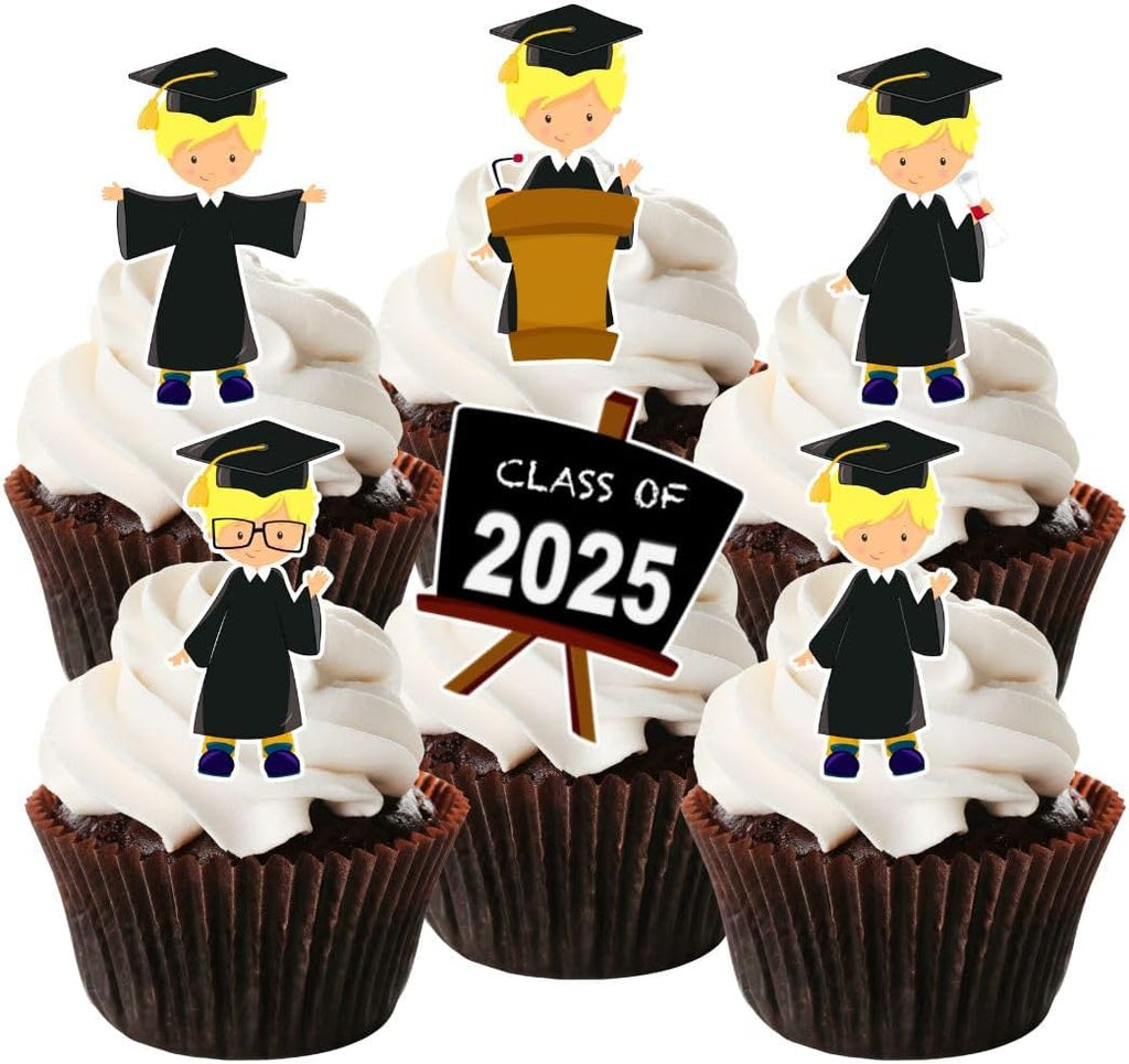 Graduation Boy #2 Edible Cupcake Toppers - Stand Up Wafer Cake Decorations (Pack of 24)