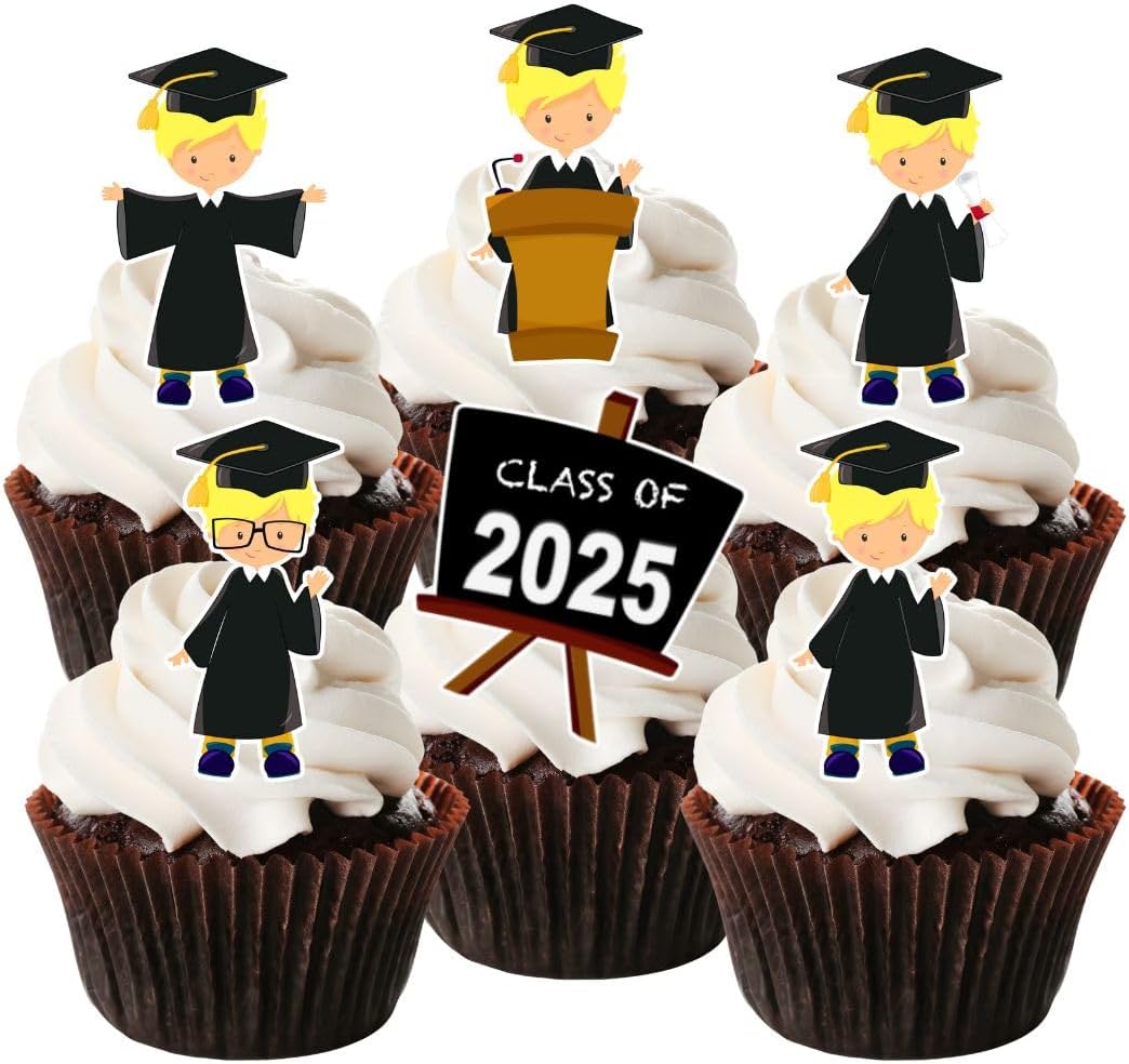 Graduation Boy #2 Edible Cupcake Toppers - Stand Up Wafer Cake Decorations (Pack of 24)